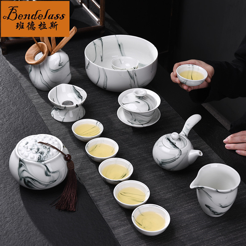 Bandras Ink White Porcelain Kung Fu Tea Set Chinese Household Office Membership Simple Ceramic Tea Tool