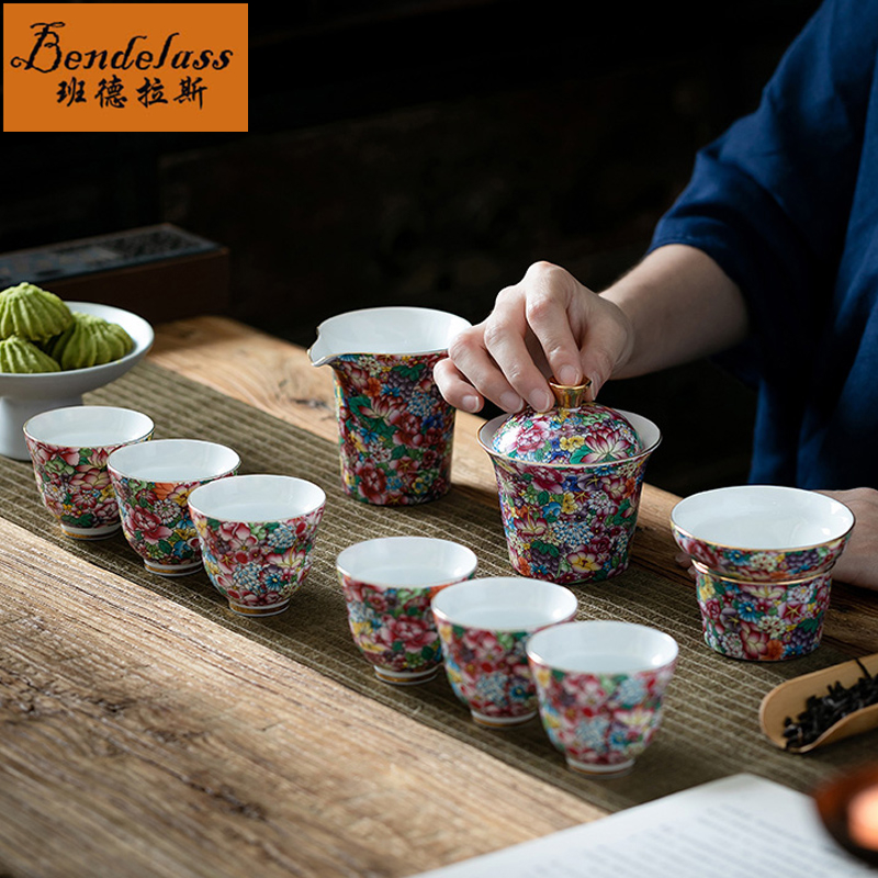 High-end Enamel Color Kung Fu Tea Set Group Home Office Tea Tea Tea Maker Cover Bowl Tea Cup Gift Gift Box Dress