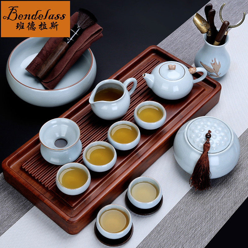 Banderras Open Sheet Ru Kiln Tea Set Group Home Living Room Modern Ice Cracking Glazed Chinese Heavy Bamboo Tea Tray Brief