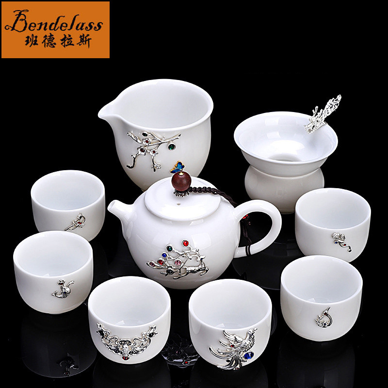 Banderas gilt silver sheep fat jade porcelain tea set teapot kung fu tea set gift box set gift ceramic high-end