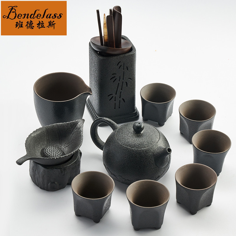 Banderas black pottery tea set rough pottery teapot teacup ceramic kung fu tea set retro household Japanese-style cover bowl