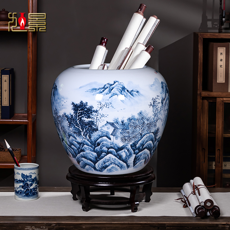 Hand painted ceramic vase Jingdezhen Painting And Calligraphy Cylinder Scroll Cylinder Large Number Living Room Book Room Floor Green Flower Painting Containing Bucket