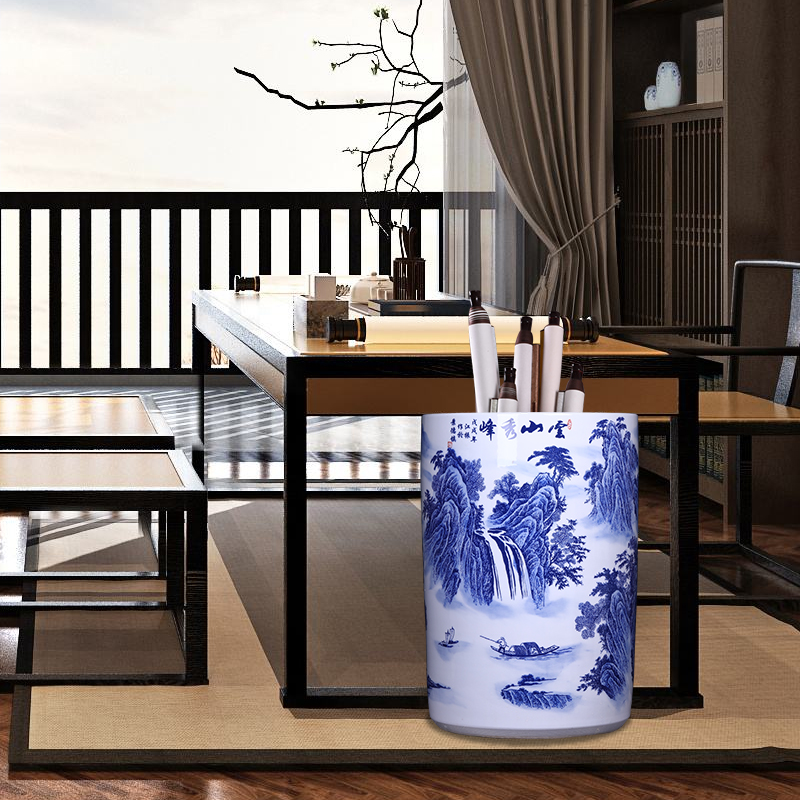 Blue and white landscape ceramic painting and calligraphy scrolls cylinder straight new Chinese style living room floor jingdezhen vase receive furnishing articles