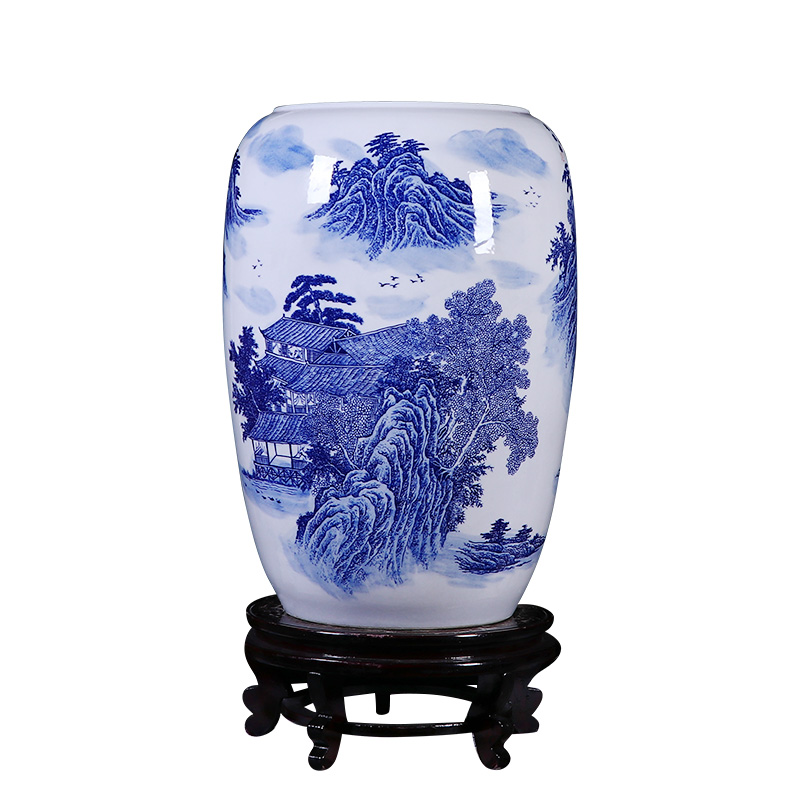 Blue and white landscape ceramic painting and calligraphy scrolls cylinder straight new Chinese style living room floor jingdezhen vase receive furnishing articles