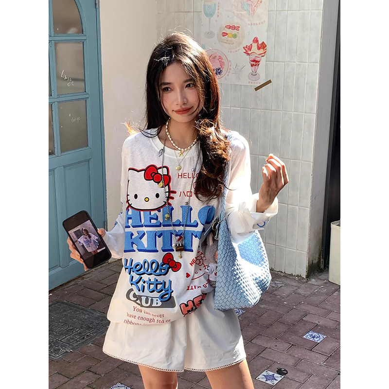 Korean Style White Kitty Cat Print Sun Protection Long-Sleeved T-Shirt for Women, New Summer Style, Loose, Thin, Slightly See-Through Blouse Top Korean Style White Kitty Cat Print Sun Protection Long-Sleeved T-Shirt for Women, New Summer Style, Loose, Thin, Slightly See-Through Blouse Top