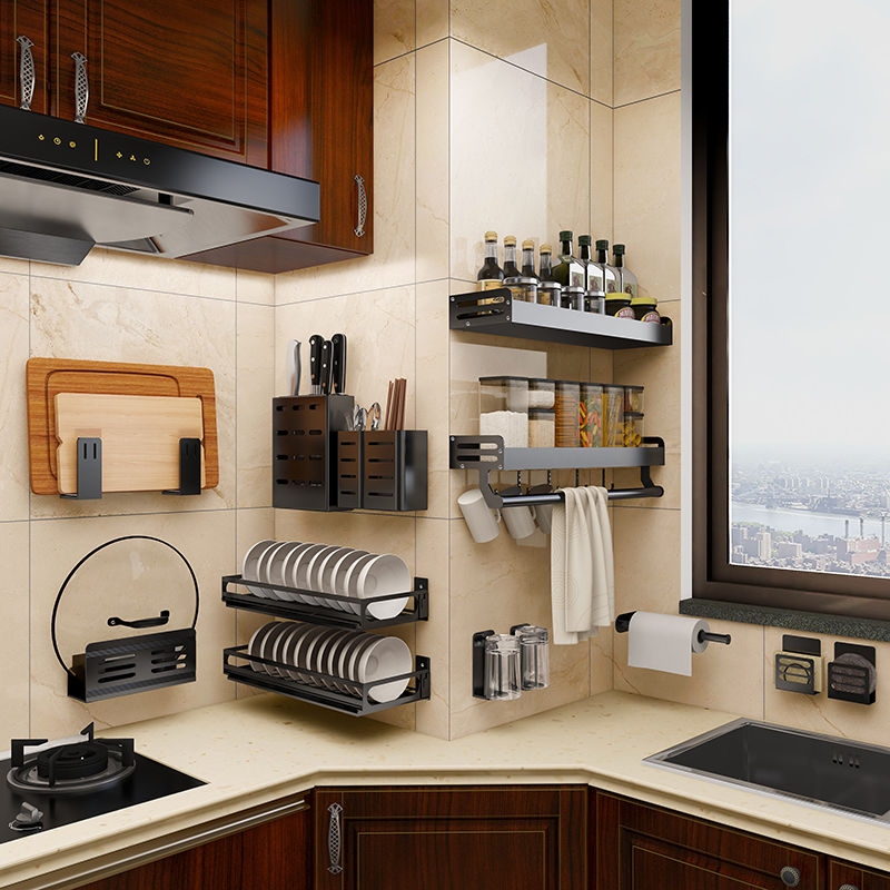 Kitchen Shelve Wall-mounted Free Knife Holder Hanger Rod-type Seasoning Accessories for Home Large Full Contained Shelf shelf