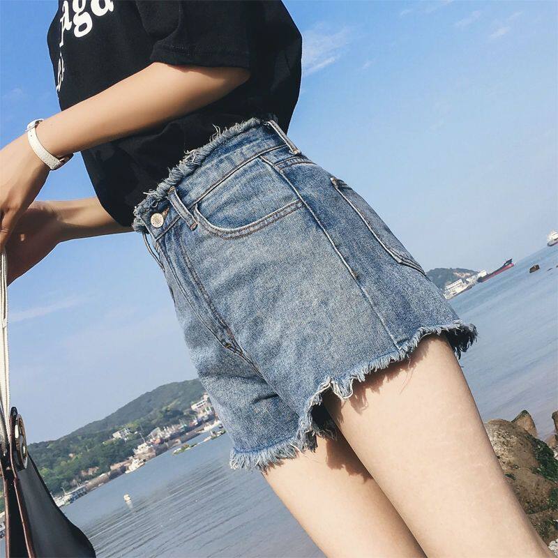 (Good Quality) Denim Shorts Women's Summer Korean Short Jeans High Waist Loose Raw Edge Wide Leg Pants Hot Pants