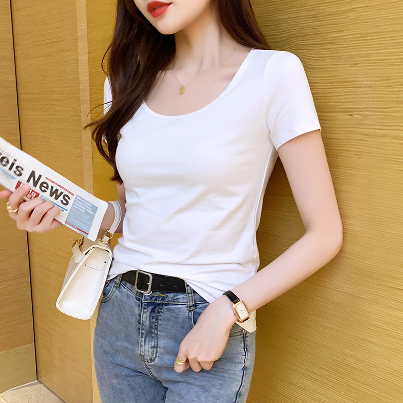 White Short-Sleeve T-Shirt for Women, Summer 2026 New Style, Pure Cotton, Low U-Neck, Slim Fit, Half-Sleeve, Large Neckline, Round Neck Top White Short-Sleeve T-Shirt for Women, Summer 2026 New Style, Pure Cotton, Low U-Neck, Slim Fit, Half-Sleeve, Large Neckline, Round Neck Top