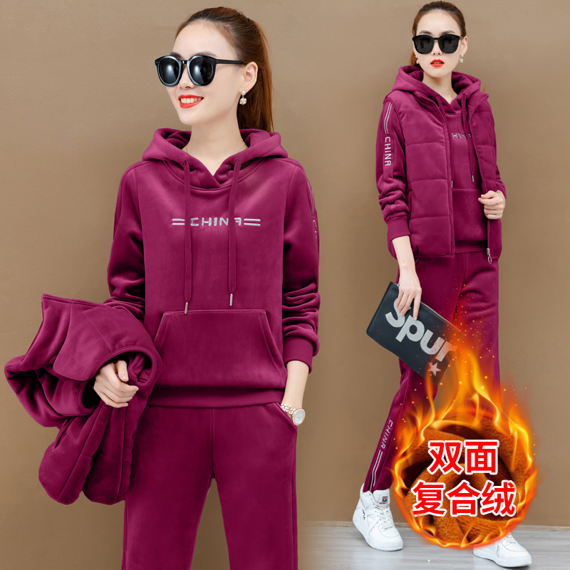 2019新款女装加绒加厚运动服休闲套装女时尚潮流金丝绒卫衣三件套