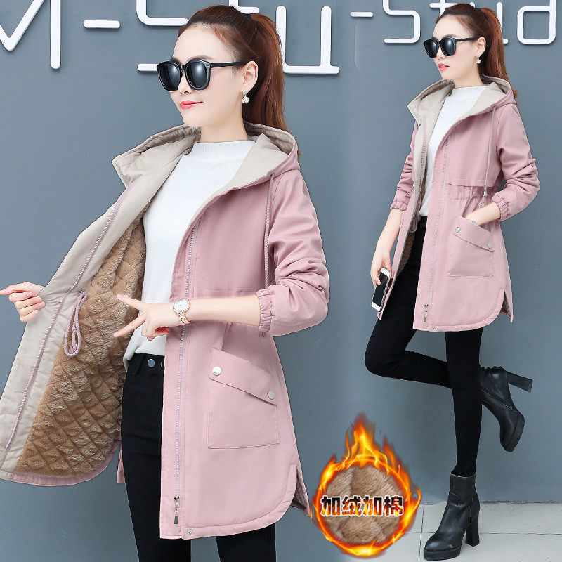 2019新款秋冬装加厚外套女生初中学生韩版百搭加绒中长款风衣