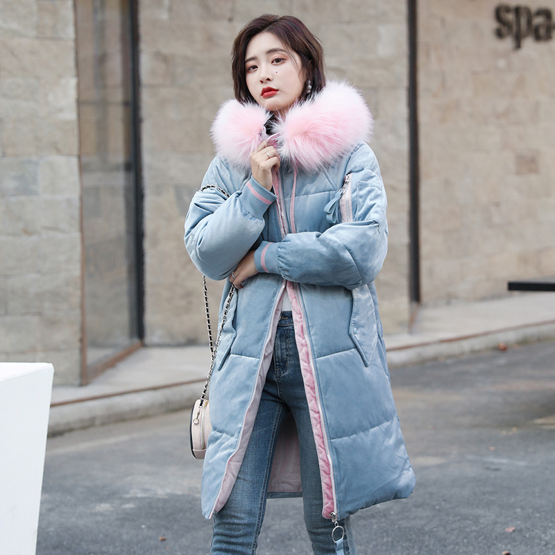 2019新款羽绒棉服女金丝绒中长款面包服韩版大码休闲棉衣外
