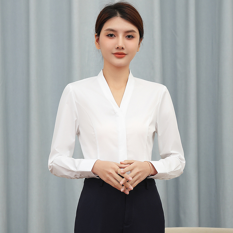 Professional White Shirt Women's Workwear Long-Sleeved Top New Style Stewardess Workwear Collarless High-End Women's White Shirt
