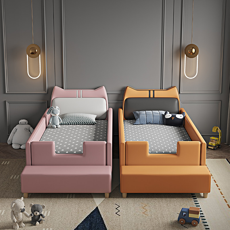 Children's bed Boy solid wood splicing bed widening Divine Instrumental Girl Princess Bed With Guardrails Boy Baby Leather Bed Customised