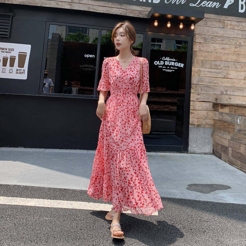 2020 new summer V collar pink Pink Flowers Snowspun Ocean Dress slim High waist Long dress Superfairy Temperament Foreign Dress