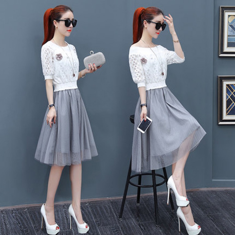 Summer dress women's summer dress 2020 new small fake two-piece high waist one-shoulder spring lace mesh skirt