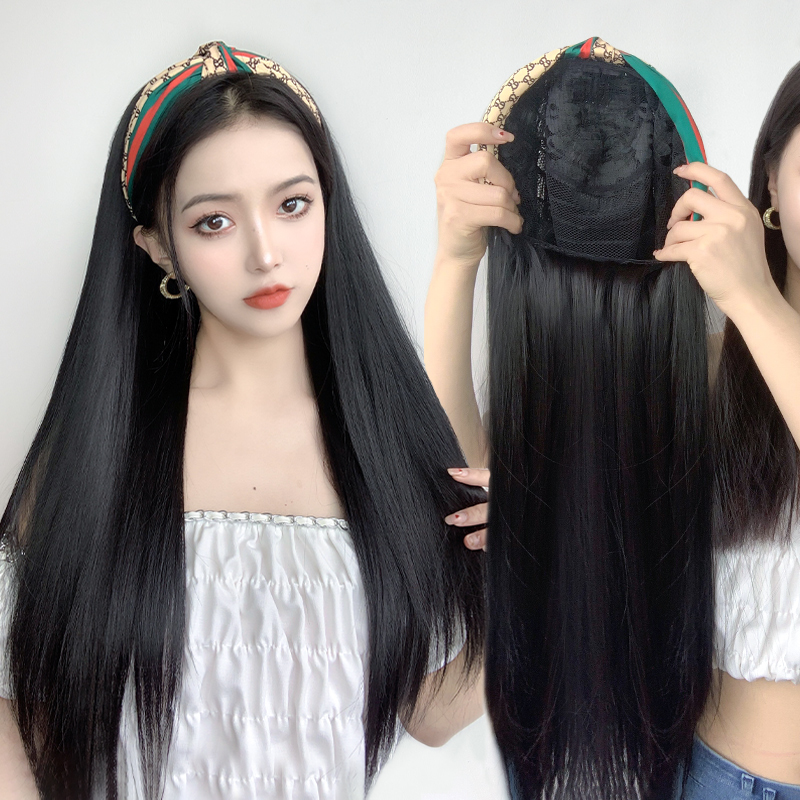 Wig female long hair emulation person Silk Screen Red Sloth Person Hair Stirrup Temperament Black Long Straight U Type Long Straight Hair Wig Headgear-Taobao