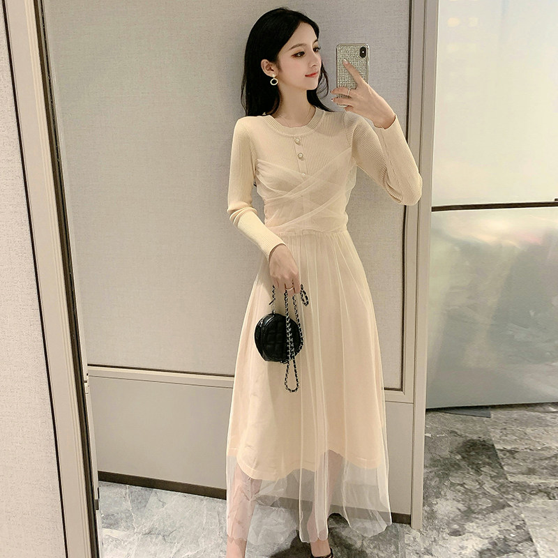 2022 spring and autumn fairy mesh fake two-piece knitted dress carefully machine waist mid-length version of super fairy skirt