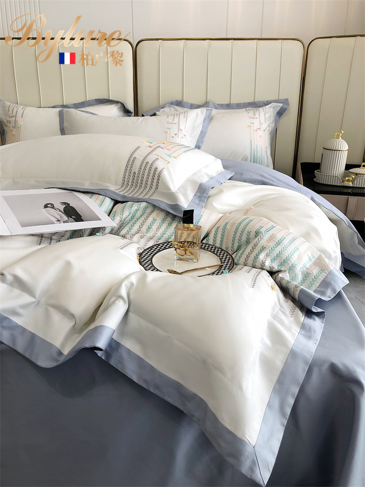 Bylure light luxury brand white four-piece set of pure cotton high-quality nude sleeping skin-friendly bed sheet quilt cover summer bedding