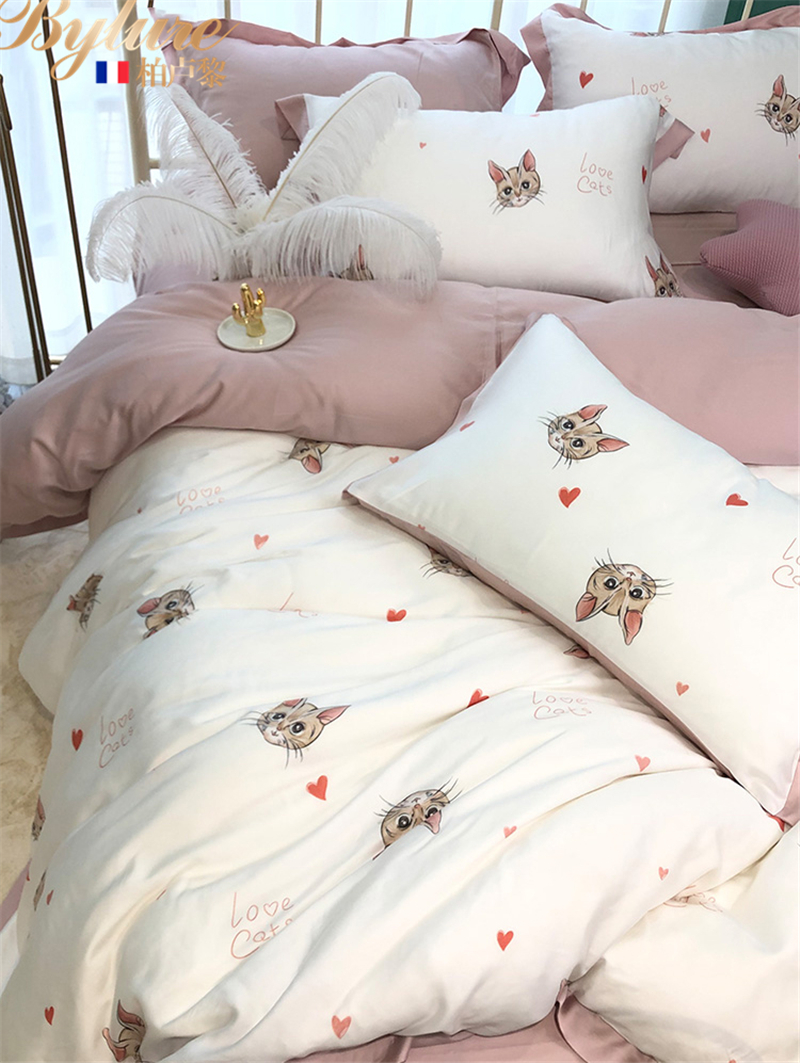 bylure high-end tiansilk four pieces of nude sleep summer silk slip cold sensation simple cartoon bed linen bed bedding
