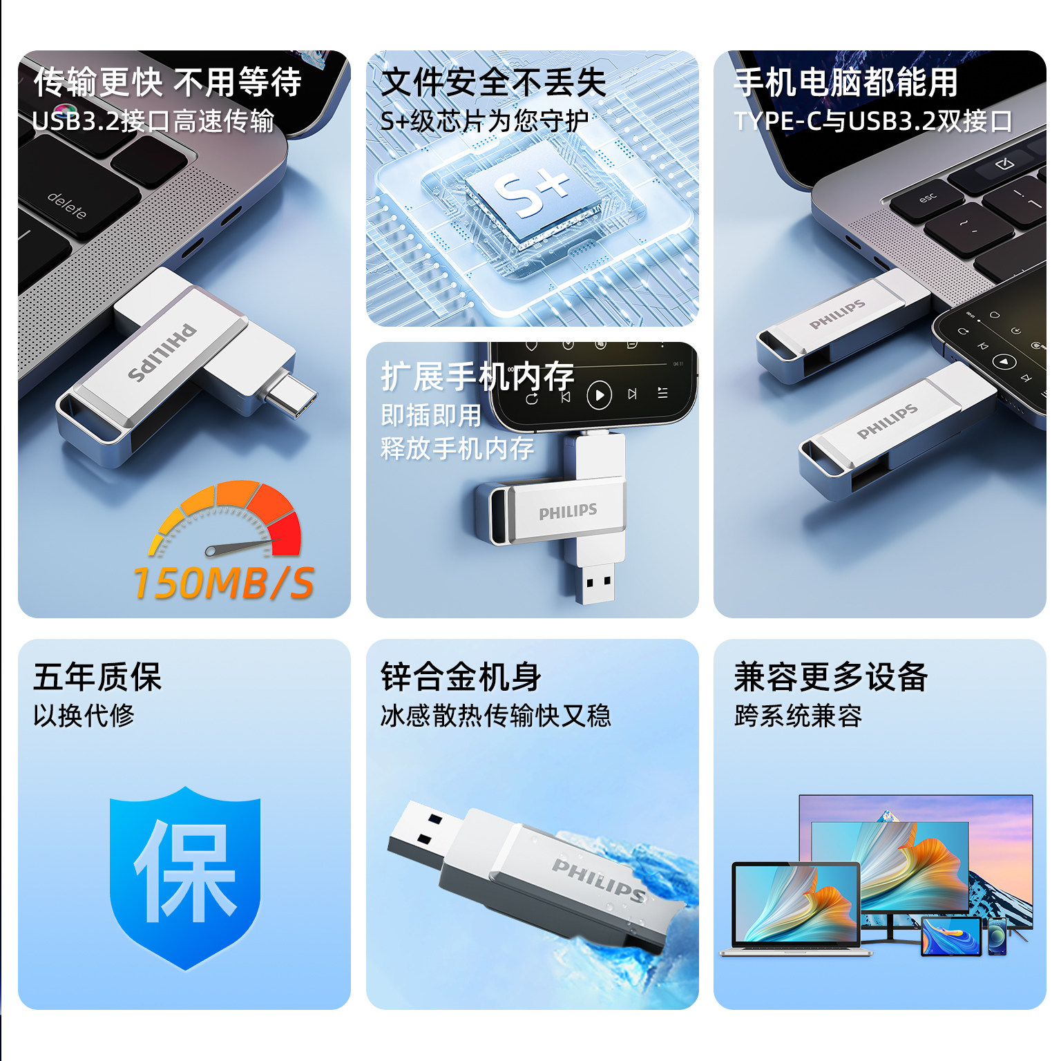 Philips High-Speed USB Flash Drive Typec Dual Interface Large Capacity Huawei Mobile Phone Computer USB Flash Drive Official Genuine 64g