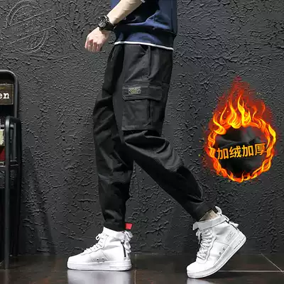Autumn and winter plus velvet padded overalls men's Yu Wenle Chao brand black casual pants large size Joker sports pants