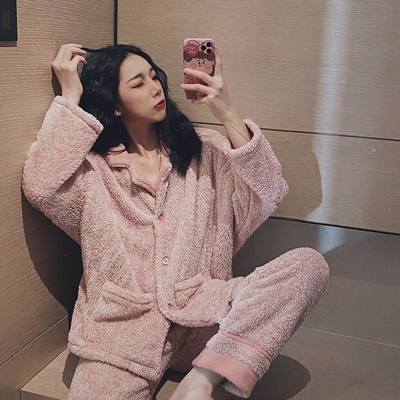 Homewear women's coral fleece winter pajamas women's autumn and winter thickening sweet can be worn outside casual trousers long-sleeved suit