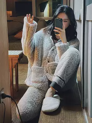 Plush pajamas women's autumn and winter coral velvet suit warm plus velvet padded flannel home clothing two-piece set can go out