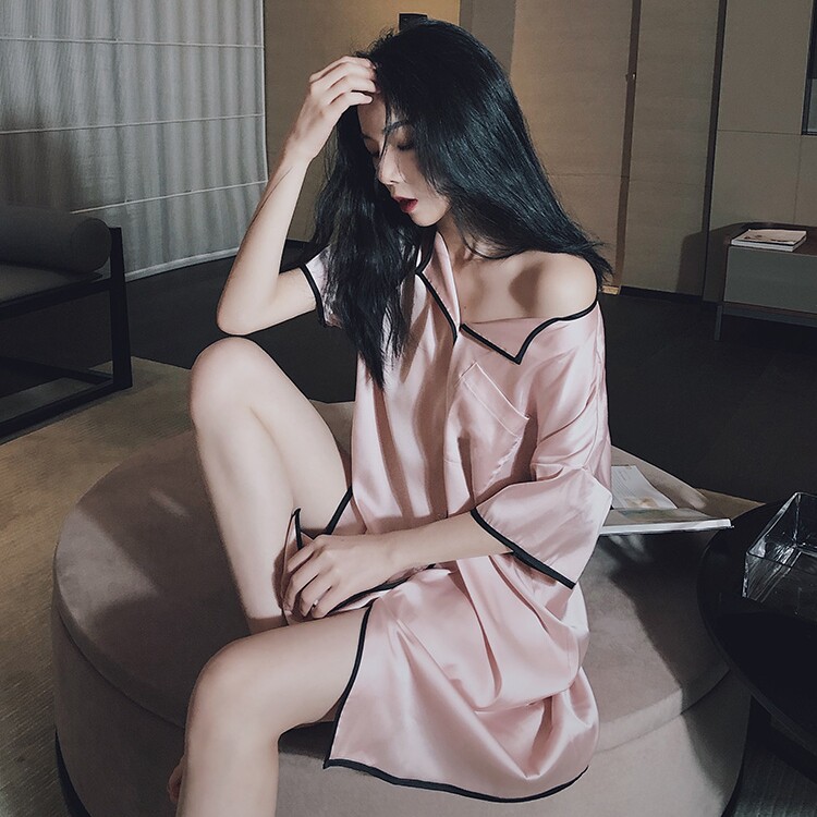 Home Deer Deer Sleeping Dress Women's Summer New Ice Silk Loose Casual Sleeping Dress Peach Pink Shirt Style Sexy Home Clothes