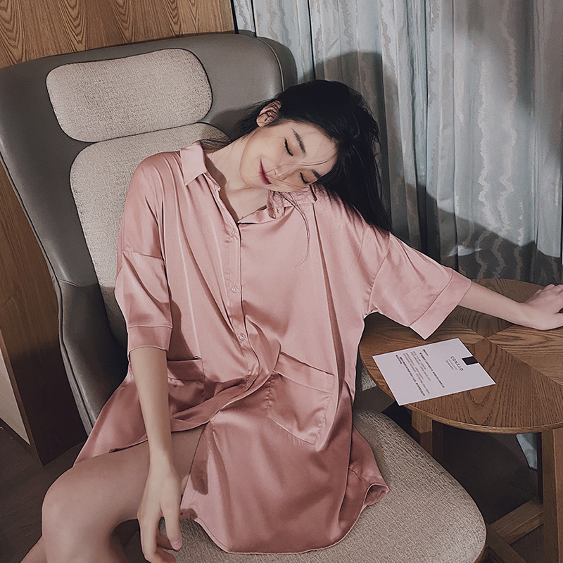 Home Deer Deer Ice Silk Sleeping Skirt Woman Summer Sexy short boyfriend Wind Shirt pyjamas Summer Korean version can be worn outside the home clothes