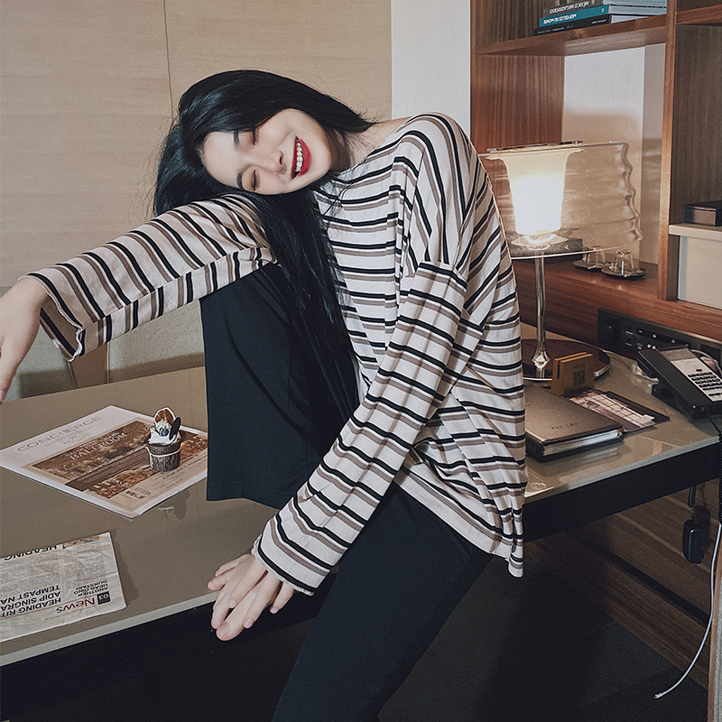 Sleepwear Girl 2021 New Summer Stripes Korean version Long sleeves Two sets Fashion foreign network Red Spring and Autumn Home Clothing Clothing