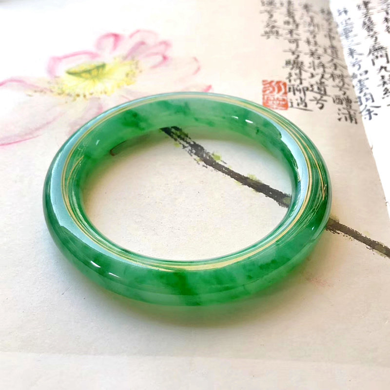 Natural ice seed floating green emerald bracelet round bar Old pit Burmese full green jade bracelet Princess Jade Bracelet Woman 