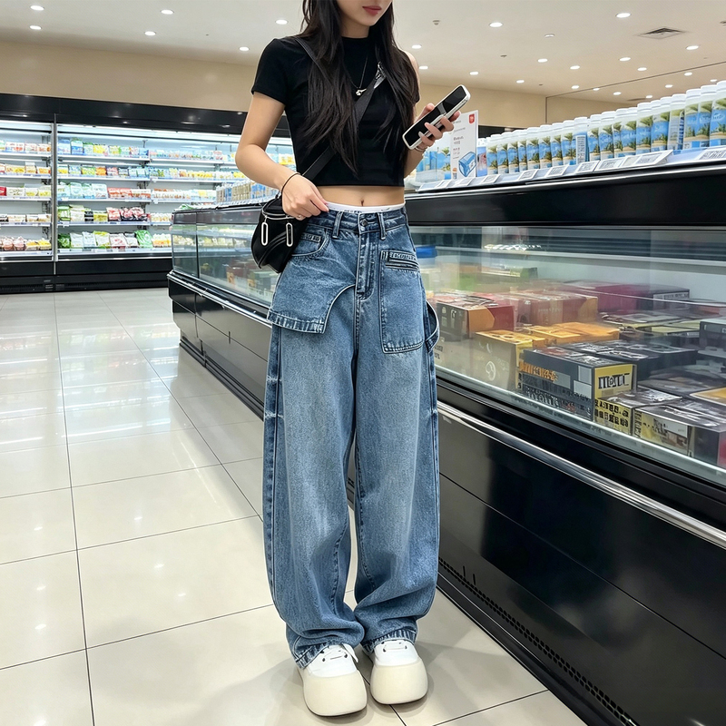 American Style Faux Two-Piece Knife-Cut Jeans for Women, Plus Size, Early Autumn New High-Waisted Hip-Covering Loose Slimming Wide-Leg Pants American Style Faux Two-Piece Knife-Cut Jeans for Women, Plus Size, Early Autumn New High-Waisted Hip-Covering Loose Slimming Wide-Leg Pants