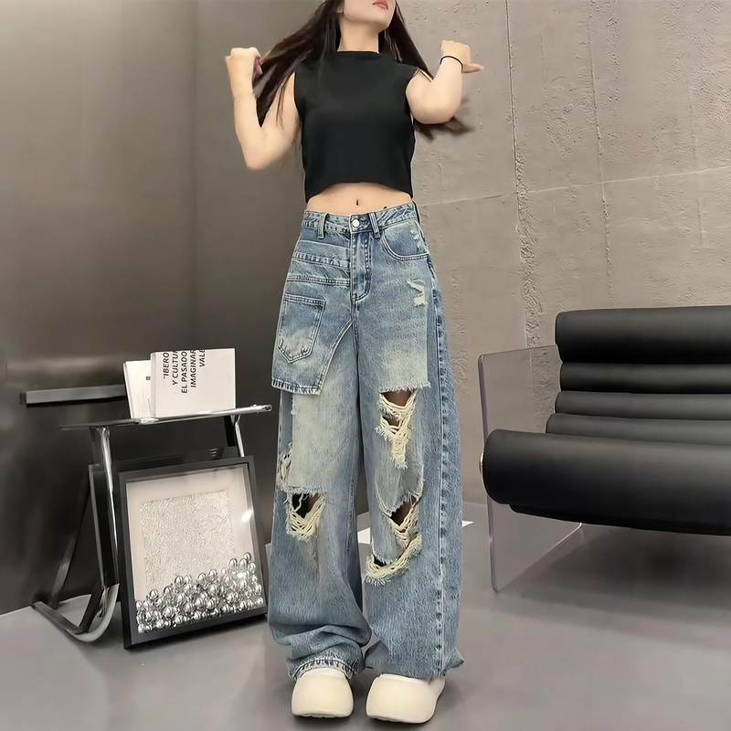 Designed with a Unique Curved Cut, Ripped Jeans for Women, Plus Size, New Summer Style, High-Waisted, Loose, Slimming, Faux Two-Piece Wide-Leg Pants