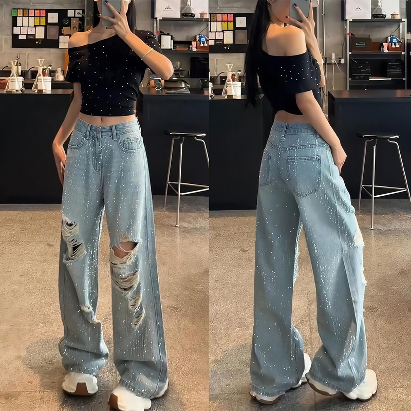 Star-Studded Sparkling Rhinestone Ripped Jeans for Women, Plus Size, New Summer Style, High-Waisted, Loose, Slimming, Straight-Leg Wide-Leg Pants Star-Studded Sparkling Rhinestone Ripped Jeans for Women, Plus Size, New Summer Style, High-Waisted, Loose, Slimming, Straight-Leg Wide-Leg Pants