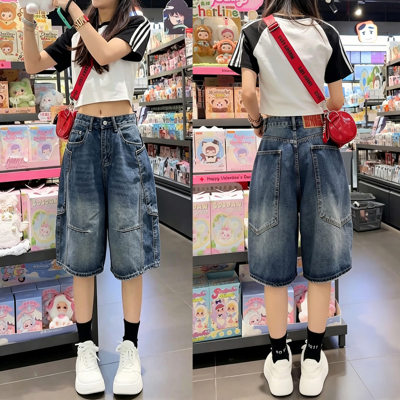American-Style Large Pocket Denim Shorts for Women, Plus Size, New Summer High-Waisted Slimming Lazy A-Line Wide-Leg Mid-Length Shorts American-Style Large Pocket Denim Shorts for Women, Plus Size, New Summer High-Waisted Slimming Lazy A-Line Wide-Leg Mid-Length Shorts