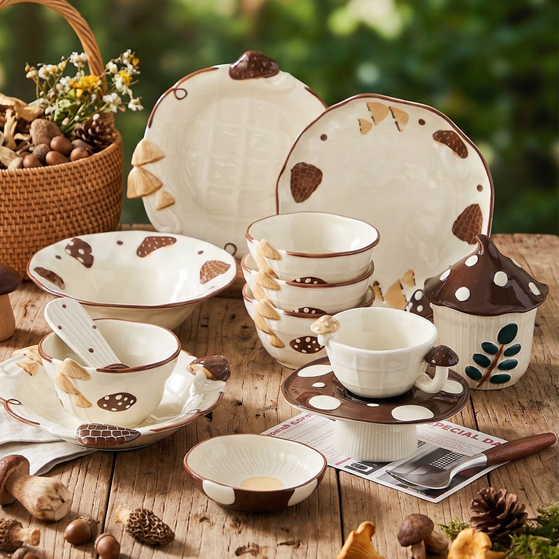 Mushroom-Shaped Ceramic Bowl and Plate Set, Household Tableware, High-Value Creative Rice Bowl, Soup Bowl, Plate, Housewarming Gift Mushroom-Shaped Ceramic Bowl and Plate Set, Household Tableware, High-Value Creative Rice Bowl, Soup Bowl, Plate, Housewarming Gift