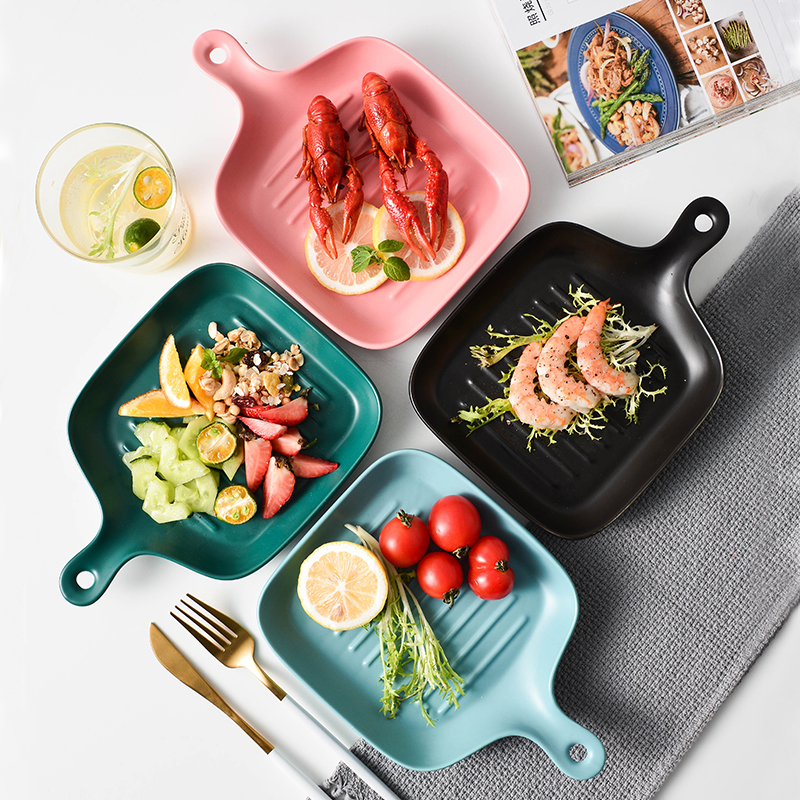 Nordic minimalist Ceramics Home Creative Baking Pan Mesh Red Plate Dish Baking Pan Handle Pan Water Fruit Pan Italian Pasta Dish