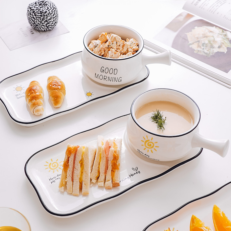 Breakfast Two-Piece Ceramic Set for Home Use, Creative Rectangular Plate and Bowl Set, Single-Serving Bowl with Handle, Elementary School Student Tableware