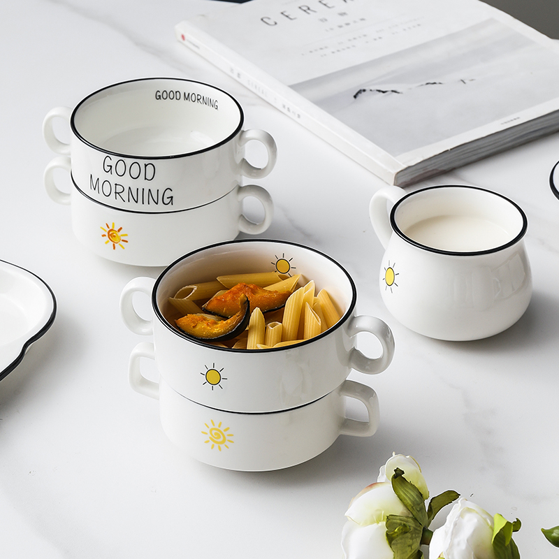 Nordic Brief Little Fresh ceramic Home Creative Twin Ear Bowls Oat Bowls Breakfast Bowls Children Rice Bowls Small Bowl Porridge Bowls