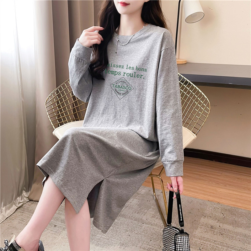 Pure Cotton Long-Sleeved Dress for Women, Autum Mid-Length, Over-The-Knee, Loose-Fitting, Slit Pullover, Lazy Home Pajamas, T-Shirt Dress