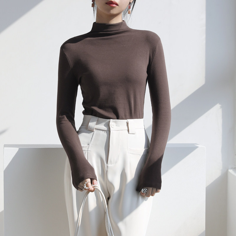 Black semi-high collar bottom shirt woman new 2023 autumn winter pure cotton inside lap top coat blouse blouse T-shirt-Taobao