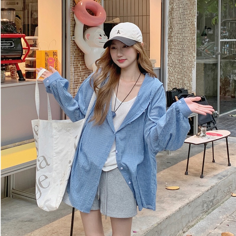 Korean Style Blue Plaid Sun Protection Shirt Jacket for Women, Summer Loose Casual Versatile Hooded Shirt, Thin Cardigan Top Korean Style Blue Plaid Sun Protection Shirt Jacket for Women, Summer Loose Casual Versatile Hooded Shirt, Thin Cardigan Top