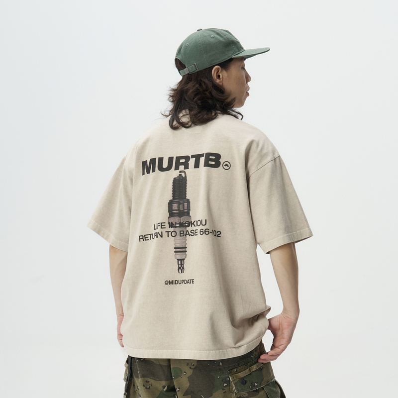 Midupdate 2025 Summer Asoet Dye Digital Direct-Print Spark Plug Letter Print Round Neck Short-Sleeve T-Shirt