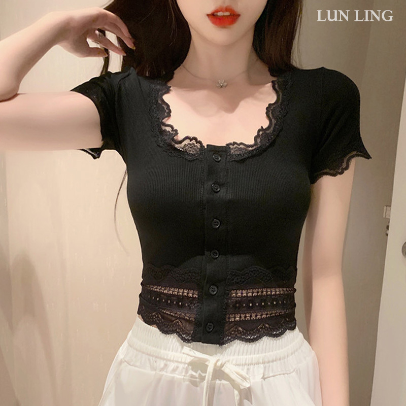 Short Lace Top for Women, Spring and Autumn, Black, High-Waisted, Midriff-Baring, Tight-Fitting, Slim-Fitting, Sexy Knitted Base Shirt, Short-Sleeved T-Shirt Short Lace Top for Women, Spring and Autumn, Black, High-Waisted, Midriff-Baring, Tight-Fitting, Slim-Fitting, Sexy Knitted Base Shirt, Short-Sleeved T-Shirt