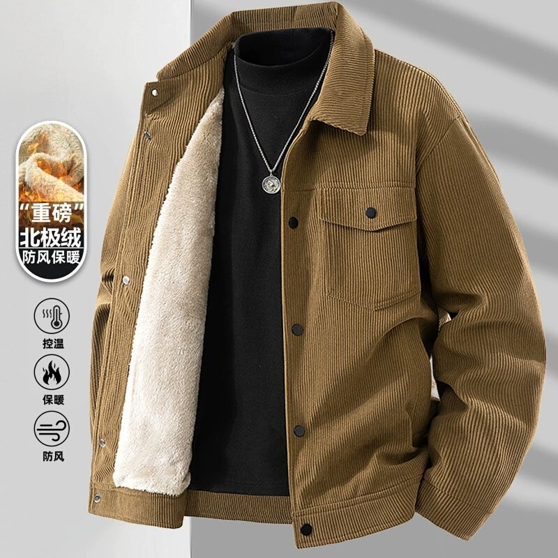 Corduroy Jacket for Men, Autumn and Winter, Fleece-Lined, Thickened, Warm, Trendy Brand, Loose Fit, Lamb Wool, Windproof Coat