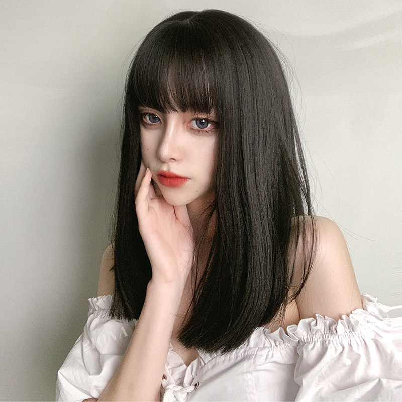 Taboo girl wig cos Nano Manga bangs medium long hair full head cover Kawakami Tomoe black long straight wig
