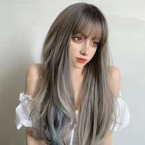 Highlight long curly hair Haze blue wig Gradient color long hair round face repair face Light blue fashion hairstyle full headgear