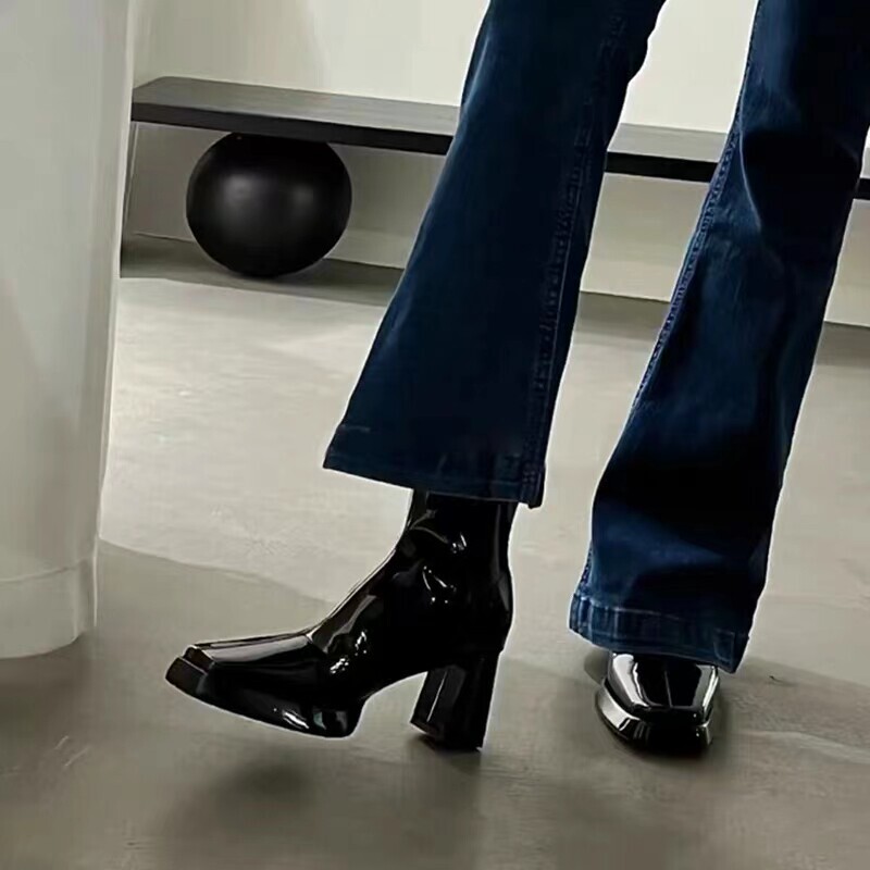 French-Style Square-Toe Chunky Heel Short Boots for Women, Black Genuine Leather High-Heeled Shoes with Back Zipper, Patent Leather Slim Boots for Winter
