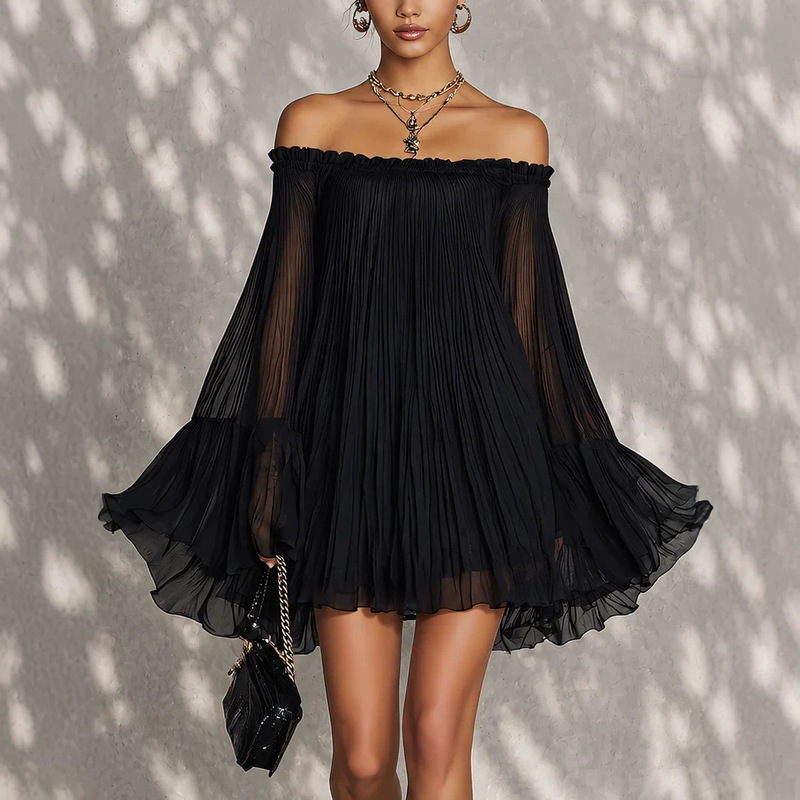2026 Summer New Amazon Independent Site Black One-Shoulder Backless Pleated Lantern Sleeve Mini Fashion Dress 2026 Summer New Amazon Independent Site Black One-Shoulder Backless Pleated Lantern Sleeve Mini Fashion Dress