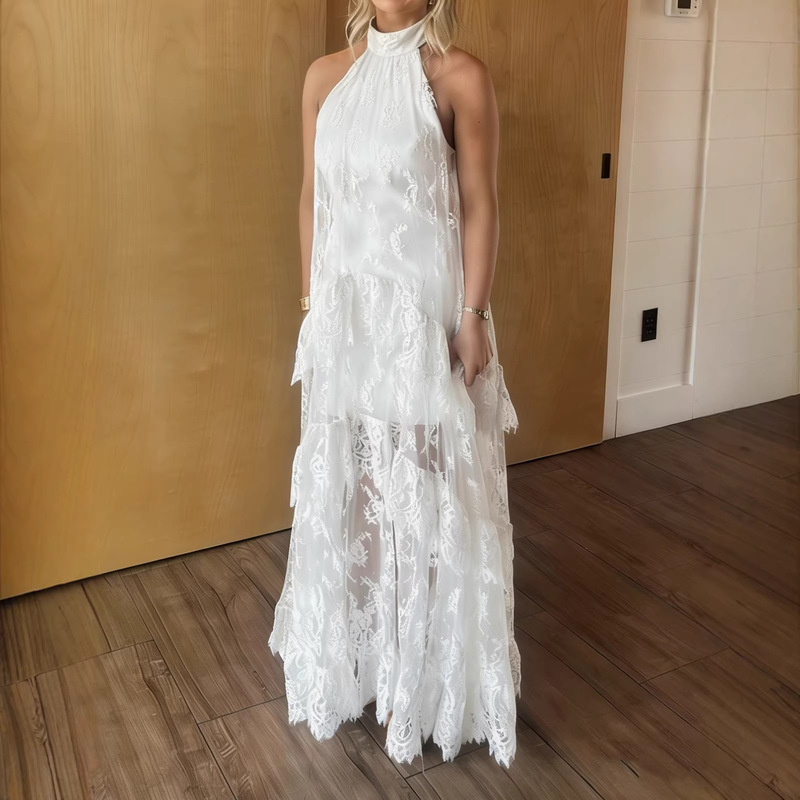 2026 European and American Style Western Style White Lace Halter Neck Long Dress Sleeveless High Collar Layered Design Gown Dress 2026 European and American Style Western Style White Lace Halter Neck Long Dress Sleeveless High Collar Layered Design Gown Dress